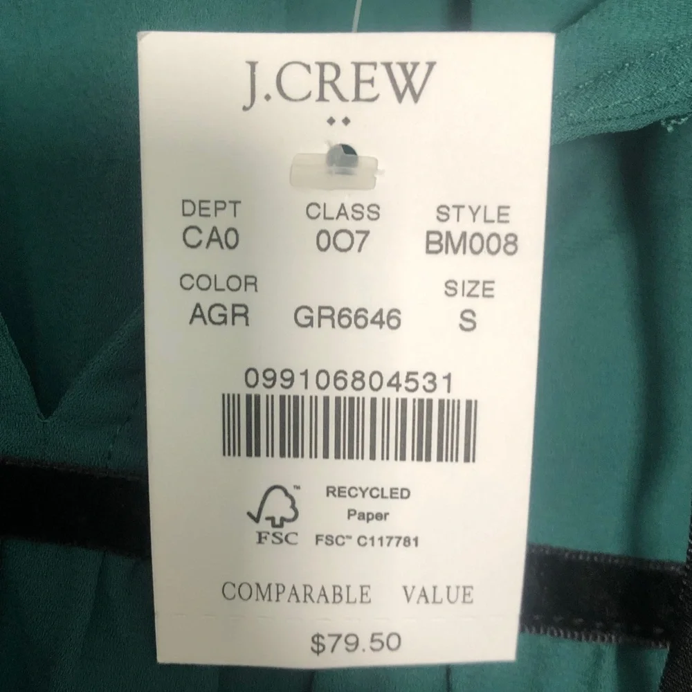 J Crew dress / professional top hunter green black velvet small new with tags